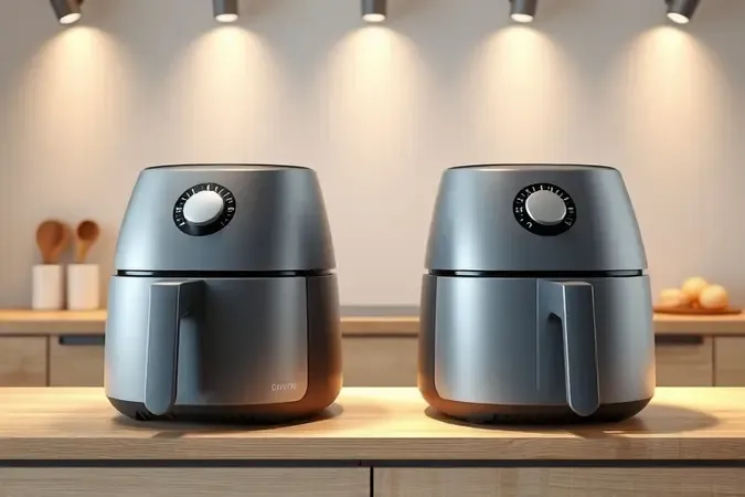 Renderização 3D de duas fritadeiras elétricas conceituais sobre bancada de madeira em cozinha moderna.