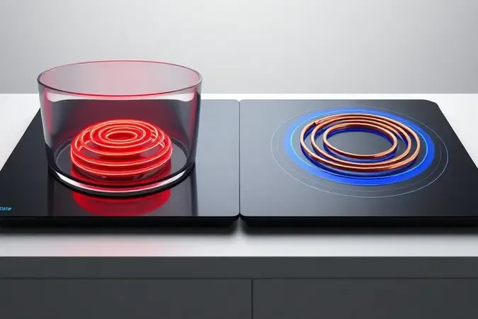 Comparação conceitual 3D entre cooktop elétrico por resistência e por indução magnética