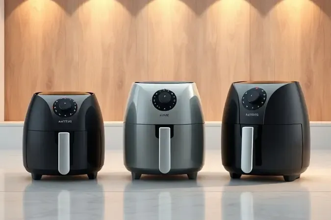 Três air fryers conceituais de diferentes tamanhos em renderização 3D representando opções de capacidade