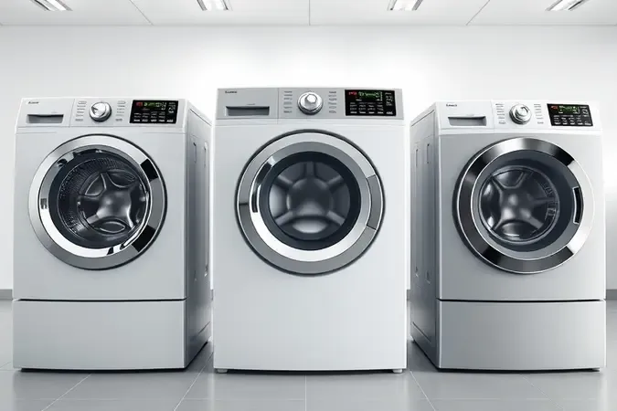 Render 3D comparativo de três estilos de máquina de lavar: top load com agitador, sem agitador e front load lado a lado