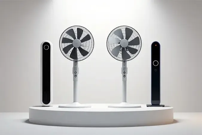 Renderização 3D comparando ventilador de coluna e ventilador de torre em pódio minimalista