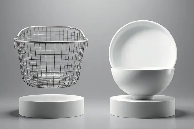 Comparação conceitual 3D entre acabamento em aço inoxidável e revestimento antiaderente cerâmico.