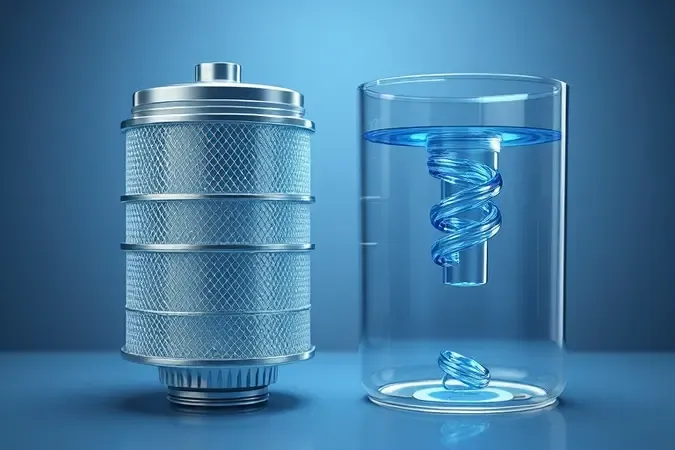 Representação 3D conceitual comparando camadas de filtragem avançada e tecnologia de água.