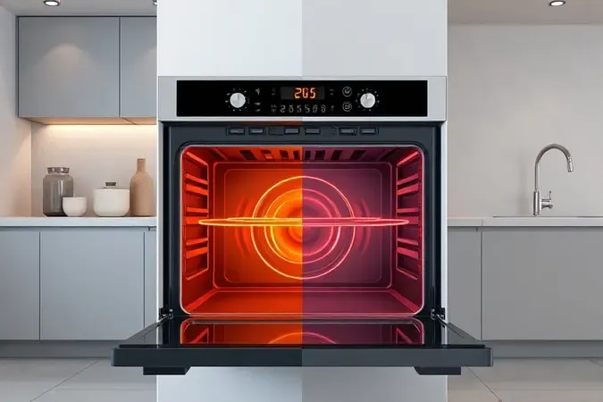 Representação conceitual 3D comparando a distribuição de calor em forno elétrico e forno a gás.
