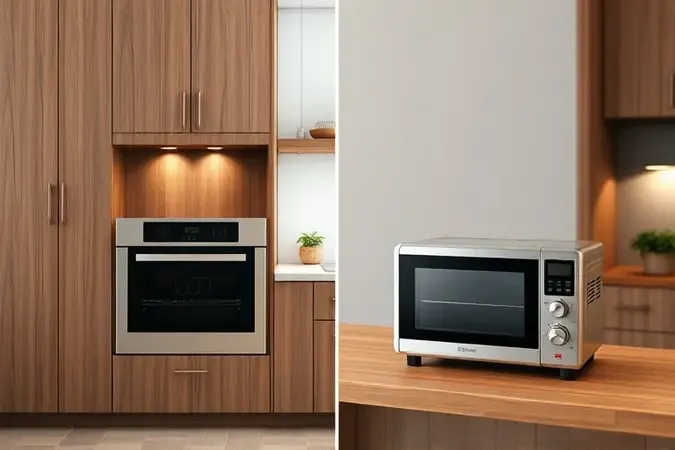 Comparativo conceitual em 3D entre forno de embutir planejado e forno elétrico de bancada.