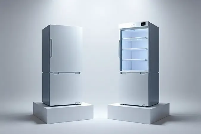 Ilustração 3D conceitual comparando modelos de geladeira duplex e inverse em ambiente moderno.