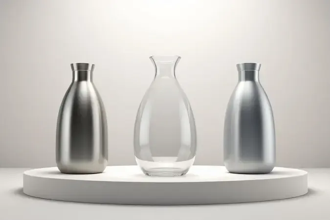 Comparativo conceitual de jarras de café em aço inox, vidro e alumínio em pedestal moderno.