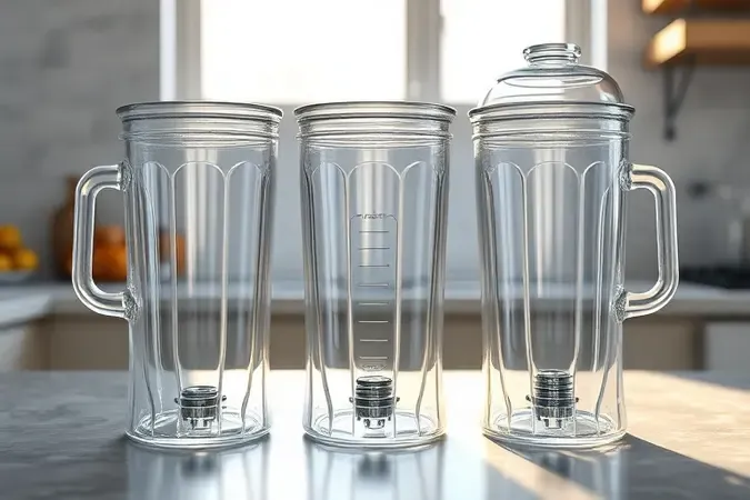 Comparativo conceitual 3D de jarras de liquidificador em vidro e tritan sobre bancada elegante.
