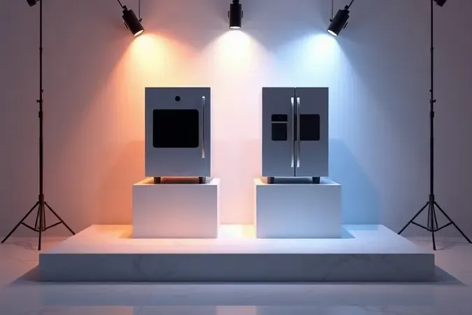 Render 3D conceitual comparando duas formas geométricas estilizadas representando diferentes tipos de eletrodomésticos de lavanderia.
