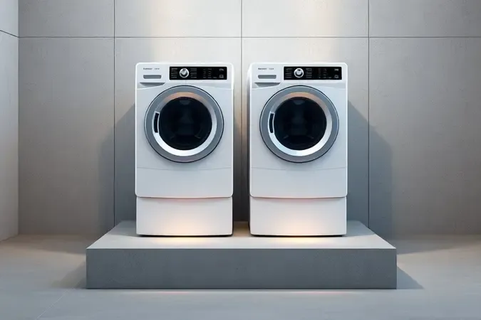 Render 3D comparando conceitos de máquina de lavar frontal e lava e seca em ambiente elegante.