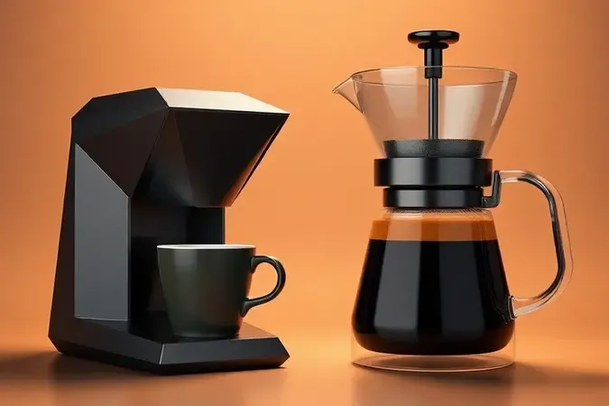 Comparativo conceitual em 3D entre dois sistemas de extração de café em cápsulas.