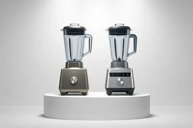 Comparativo conceitual 3D entre liquidificador doméstico compacto e liquidificador industrial robusto.