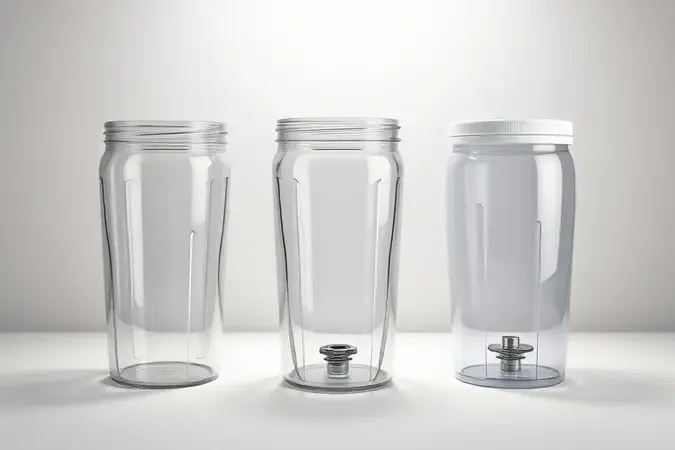 Comparativo 3D conceitual de jarras de liquidificador em vidro, tritan e polímero transparente.