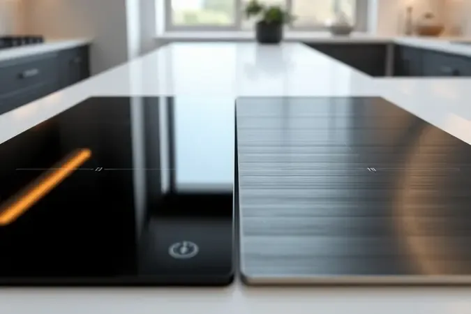 Comparação conceitual 3D entre mesa de vidro temperado e mesa de aço inox para fogões.