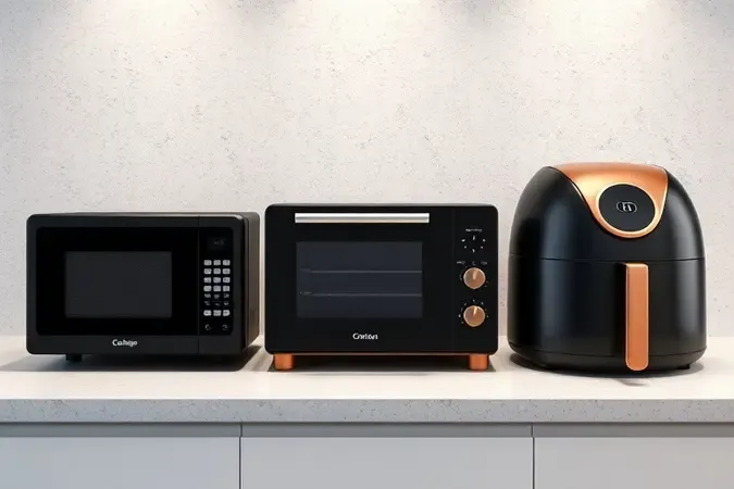 Três eletrodomésticos modernos conceituais dispostos lado a lado em uma cozinha minimalista.