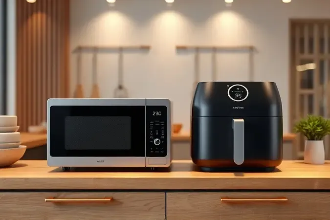 Comparativo conceitual 3D entre um forno micro-ondas e uma fritadeira sem óleo na bancada.