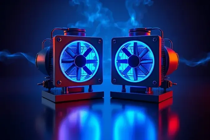 Ilustração 3D conceitual demonstrando tecnologias de resfriamento com compressor e placas termoelétricas para geladeiras portáteis.