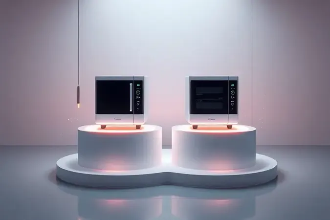 Ilustração 3D conceitual de tecnologia e recursos avançados em aparelhos de micro-ondas modernos.