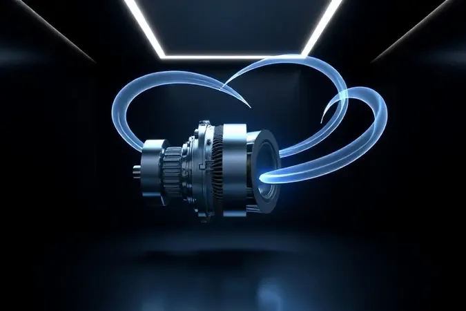 Visualização 3D de motor de compressor inverter de geladeira com ondas de eficiência energética.