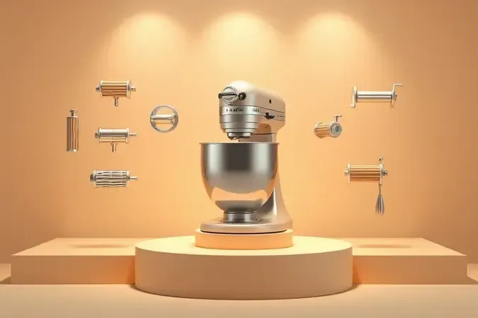 Representação 3D conceitual de batedeira multifuncional com diversos acessórios culinários flutuantes.