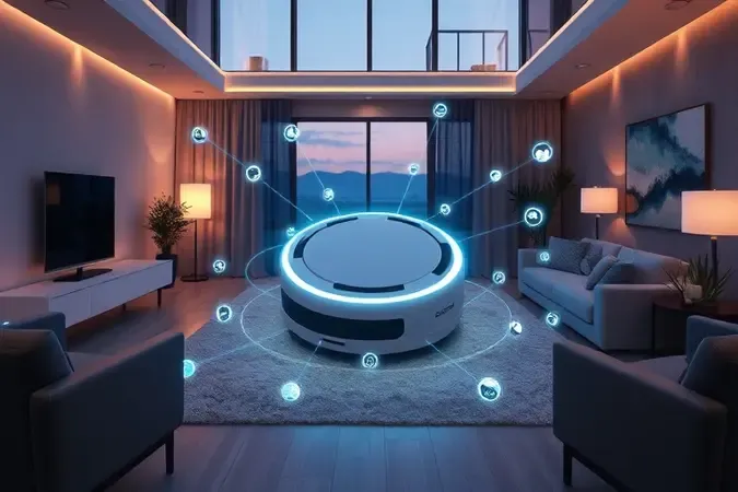 Visualização 3D de conectividade inteligente e automação residencial para robô aspirador em ambiente moderno.