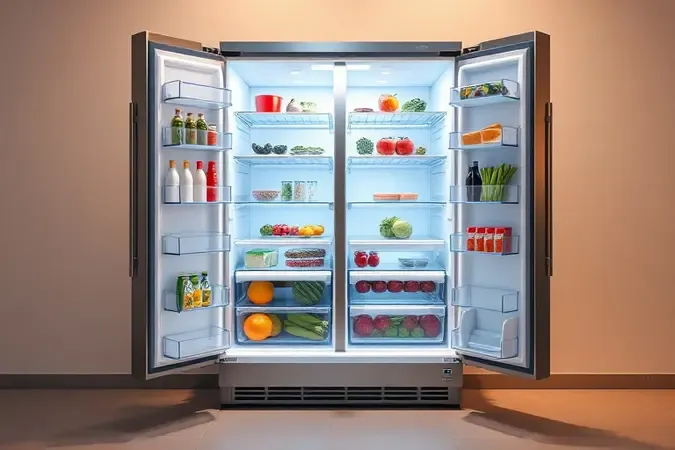 Renderização 3D de geladeira inverse com freezer inferior espaçoso e compartimento superior refrigerado com alimentos organizados