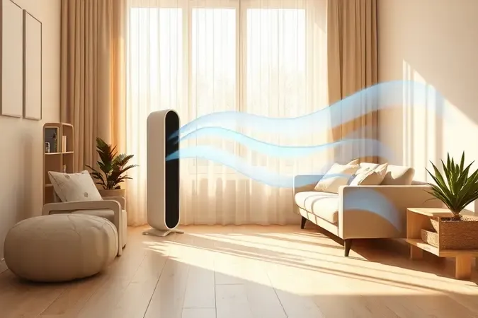 Renderização 3D conceitual de ambiente doméstico com fluxo de ar suave representando conforto térmico em dia quente