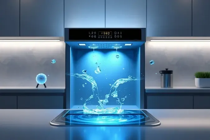 Representação conceitual 3D de economia sustentável de água e energia em eletrodomésticos modernos.