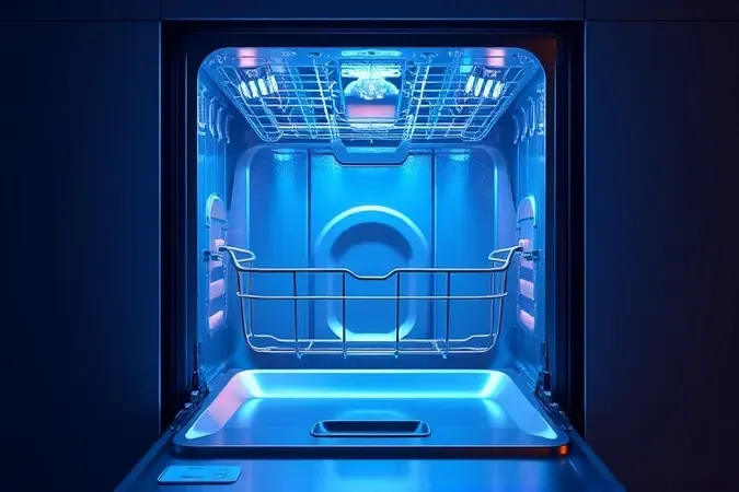 Ilustração 3D conceitual de eficiência hídrica e energética em ciclo de lavagem de lava-louças moderna.