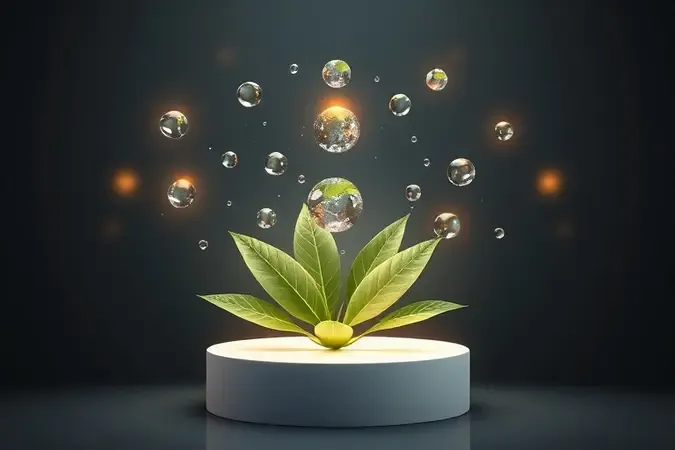 Visualização 3D de gotas de água cristalinas e ondas de energia luminosa representando eficiência e consumo sustentável.