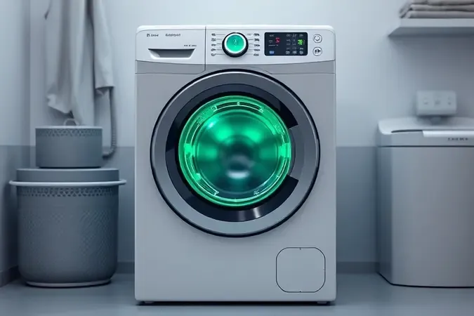 Render 3D conceitual de lavadora moderna com indicador de eficiência energética e iluminação suave.