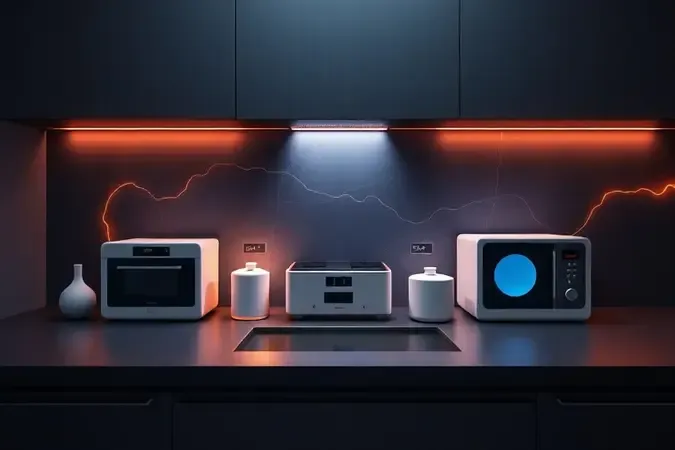Ilustração conceitual em 3D sobre eficiência e consumo elétrico de aparelhos de cozinha.