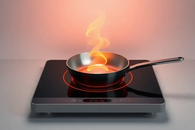 Ilustração 3D de fluxo de energia eficiente em cooktop de indução de uma boca.
