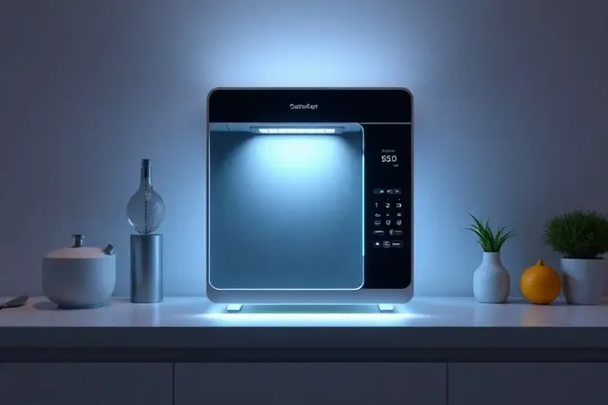 Ilustração 3D conceitual sobre eficiência energética e consumo sustentável de micro-ondas.