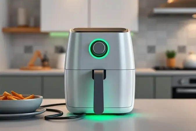 Air fryer sem marca com cabo de energia e brilho suave representando eficiência energética