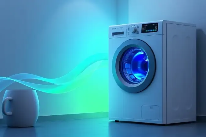 Representação conceitual 3D de eficiência energética e economia de eletricidade em eletrodomésticos de lavanderia.