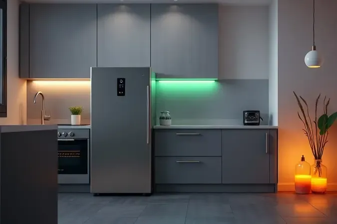 Ilustração 3D conceitual de eficiência energética e consumo elétrico de eletrodomésticos modernos.