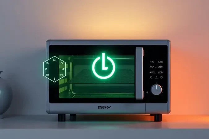 Visualização conceitual 3D de consumo e eficiência energética em eletrodomésticos modernos de cozinha.
