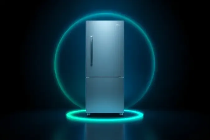 Render 3D de geladeira com onda de energia suave representando eficiência e tecnologia inverter.