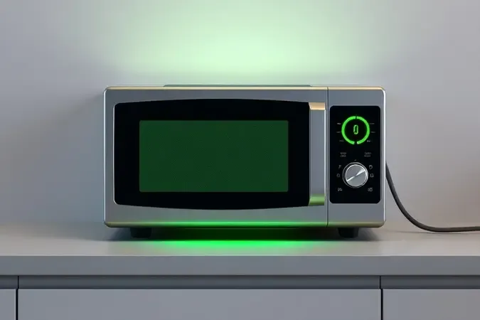 Renderização 3D de micro-ondas econômico sem marca com brilho suave representando baixo consumo de energia.