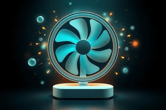 Conceito 3D de ventilador com baixo consumo de energia e partículas de luz suaves.