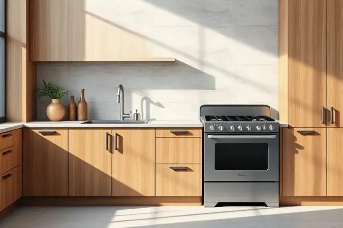 Render 3D conceitual comparando um cooktop embutido e um fogão de piso em uma bancada moderna.
