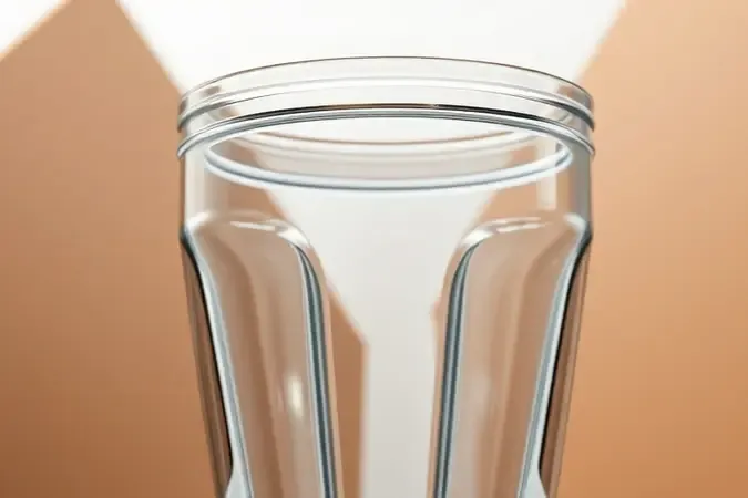 Detalhe em close-up de copo de vidro refratário espesso para liquidificador com iluminação suave de estúdio