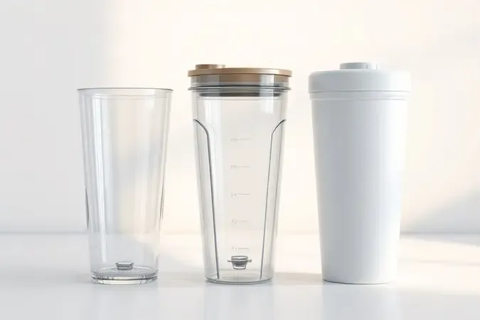 Render 3D comparando copos de liquidificador portátil em vidro, Tritan e plástico sobre superfície limpa