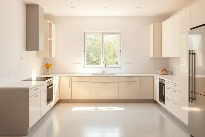 Render 3D conceitual de cozinha moderna com bancada espaçosa e luz natural, ideal para instalar fogão de cinco bocas.