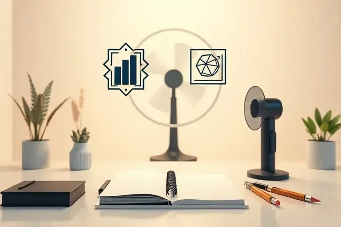 Renderização 3D conceitual de critérios de avaliação de ventilador de coluna com ícones geométricos