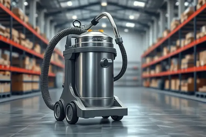 Renderização 3D de aspirador profissional para uso industrial com corpo reforçado e rodas robustas em ambiente de fábrica limpo e organizado.