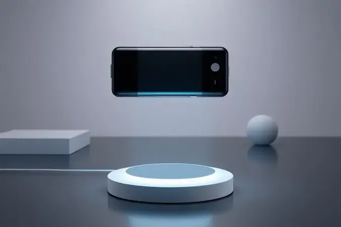 Visualização 3D conceitual de módulo de bateria moderna em base de recarga minimalista.