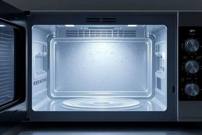 Renderização 3D do interior limpo e higienizado de um micro-ondas com acabamento impecável.