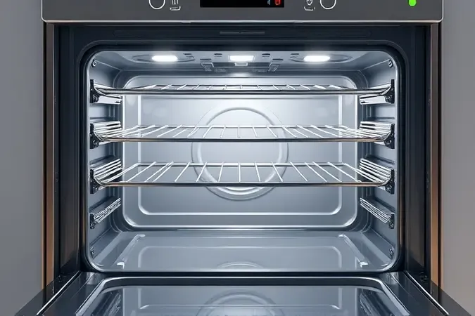 Representação 3D de limpeza e manutenção de forno elétrico com interior impecável e reluzente.